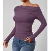 imageZESICA Womens Off Shoulder Long Sleeve Tops 2025 Fall Casual Boat Neck Ruched Slim Fit Going Out Y2k Shirts BlousesPurple