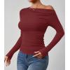 imageZESICA Womens Off Shoulder Long Sleeve Tops 2025 Fall Casual Boat Neck Ruched Slim Fit Going Out Y2k Shirts BlousesRed