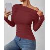 imageZESICA Womens Off Shoulder Long Sleeve Tops 2025 Fall Casual Boat Neck Ruched Slim Fit Going Out Y2k Shirts BlousesRed