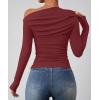 imageZESICA Womens Off Shoulder Long Sleeve Tops 2025 Fall Casual Boat Neck Ruched Slim Fit Going Out Y2k Shirts BlousesRed