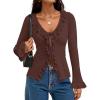 imageZESICA Womens 2025 Fall Tie Front Bow Cardigan Sweaters Long Bell Sleeve V Neck Ruffled Knit Cropped Trendy TopsBrown