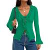 imageZESICA Womens 2025 Fall Tie Front Bow Cardigan Sweaters Long Bell Sleeve V Neck Ruffled Knit Cropped Trendy TopsGreen