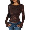 imageZESICA Womens Bell Long Sleeve Mesh Tops 2025 Fall Trendy Going Out Fitted Shirts Floral Y2k ClothesDarkbrown