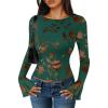 imageZESICA Womens Bell Long Sleeve Mesh Tops 2025 Fall Trendy Going Out Fitted Shirts Floral Y2k ClothesDarkgreen