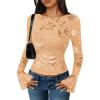 imageZESICA Womens Bell Long Sleeve Mesh Tops 2025 Fall Trendy Going Out Fitted Shirts Floral Y2k ClothesRedapricot