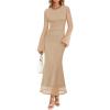 imageZESICA Womens Long Sleeve Floral Bodycon Dress 2025 Fall Fashion Ruched Mesh Wedding Guest Cocktail Party Maxi DressesSolid Apricot