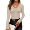 imageZESICA Womens Long Sleeve Lace V Neck Fall Shirts Slim Fit Going Out Tops Ribbed Knit Dressy Business Casual BlousesApricot