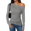 imageZESICA Womens Long Sleeve Off Shoulder Tops Fall 2025 Casual Boat Neck Lace Slim Fit Going Out Y2k Shirts BlousesGrey