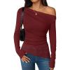 imageZESICA Womens Long Sleeve Off Shoulder Tops Fall 2025 Casual Boat Neck Lace Slim Fit Going Out Y2k Shirts BlousesWine