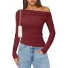 imageZESICA Womens Off Shoulder Long Sleeve Tops 2025 Fall Casual Boat Neck Ruched Slim Fit Going Out Y2k Shirts BlousesRed