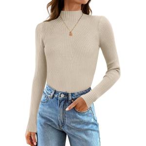 imageZESICA Womens 2025 Fall Long Sleeve Turtleneck T Shirt Ribbed Knit Sweater Slim Fit Basic Casual Tee TopsAlmond