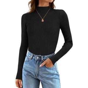 imageZESICA Womens 2025 Fall Long Sleeve Turtleneck T Shirt Ribbed Knit Sweater Slim Fit Basic Casual Tee TopsBlack