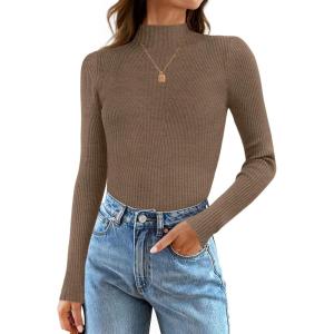 imageZESICA Womens 2025 Fall Long Sleeve Turtleneck T Shirt Ribbed Knit Sweater Slim Fit Basic Casual Tee TopsCamel