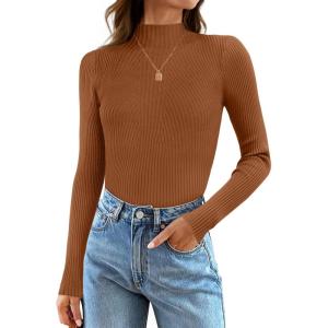 imageZESICA Womens 2025 Fall Long Sleeve Turtleneck T Shirt Ribbed Knit Sweater Slim Fit Basic Casual Tee TopsCaramel
