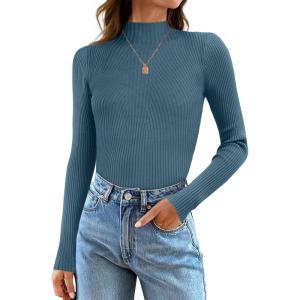 imageZESICA Womens 2025 Fall Long Sleeve Turtleneck T Shirt Ribbed Knit Sweater Slim Fit Basic Casual Tee TopsDark Blue