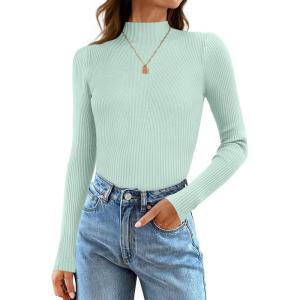 imageZESICA Womens 2025 Fall Long Sleeve Turtleneck T Shirt Ribbed Knit Sweater Slim Fit Basic Casual Tee TopsMint