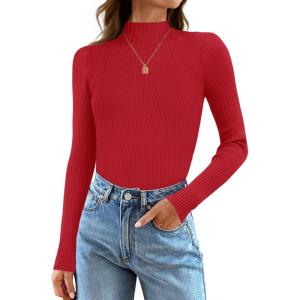 imageZESICA Womens 2025 Fall Long Sleeve Turtleneck T Shirt Ribbed Knit Sweater Slim Fit Basic Casual Tee TopsRed