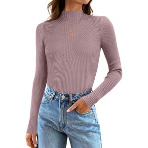 imageZESICA Womens 2025 Fall Long Sleeve Turtleneck T Shirt Ribbed Knit Sweater Slim Fit Basic Casual Tee TopsTaro