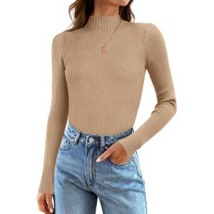 imageZESICA Womens 2025 Fall Long Sleeve Turtleneck T Shirt Ribbed Knit Sweater Slim Fit Basic Casual Tee TopsToffee