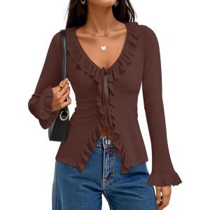 imageZESICA Womens 2025 Fall Tie Front Bow Cardigan Sweaters Long Bell Sleeve V Neck Ruffled Knit Cropped Trendy TopsBrown