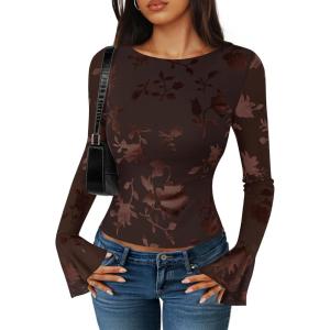 imageZESICA Womens Bell Long Sleeve Mesh Tops 2025 Fall Trendy Going Out Fitted Shirts Floral Y2k ClothesDarkbrown