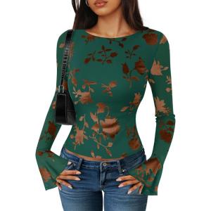 imageZESICA Womens Bell Long Sleeve Mesh Tops 2025 Fall Trendy Going Out Fitted Shirts Floral Y2k ClothesDarkgreen