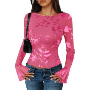 imageZESICA Womens Bell Long Sleeve Mesh Tops 2025 Fall Trendy Going Out Fitted Shirts Floral Y2k ClothesRose