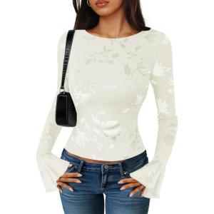 imageZESICA Womens Bell Long Sleeve Mesh Tops 2025 Fall Trendy Going Out Fitted Shirts Floral Y2k ClothesWhite