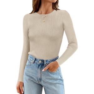 imageZESICA Womens Long Sleeve Crewneck Shirts 2025 Fall Ribbed Knit Sweater Slim Fitted Casual Basic Tee TopsAlmond