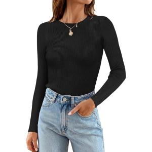 imageZESICA Womens Long Sleeve Crewneck Shirts 2025 Fall Ribbed Knit Sweater Slim Fitted Casual Basic Tee TopsBlack