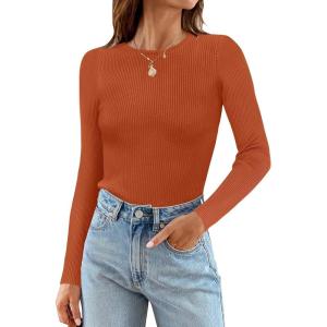 imageZESICA Womens Long Sleeve Crewneck Shirts 2025 Fall Ribbed Knit Sweater Slim Fitted Casual Basic Tee TopsCaramel
