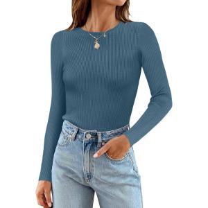 imageZESICA Womens Long Sleeve Crewneck Shirts 2025 Fall Ribbed Knit Sweater Slim Fitted Casual Basic Tee TopsDarkblue