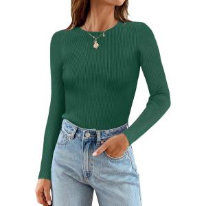 imageZESICA Womens Long Sleeve Crewneck Shirts 2025 Fall Ribbed Knit Sweater Slim Fitted Casual Basic Tee TopsDarkgreen