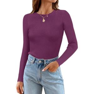 imageZESICA Womens Long Sleeve Crewneck Shirts 2025 Fall Ribbed Knit Sweater Slim Fitted Casual Basic Tee TopsFuchsia