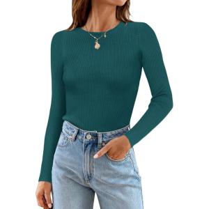 imageZESICA Womens Long Sleeve Crewneck Shirts 2025 Fall Ribbed Knit Sweater Slim Fitted Casual Basic Tee TopsGreen
