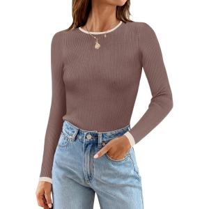 imageZESICA Womens Long Sleeve Crewneck Shirts 2025 Fall Ribbed Knit Sweater Slim Fitted Casual Basic Tee TopsMocha