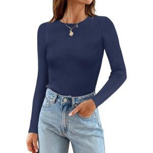 imageZESICA Womens Long Sleeve Crewneck Shirts 2025 Fall Ribbed Knit Sweater Slim Fitted Casual Basic Tee TopsNavy