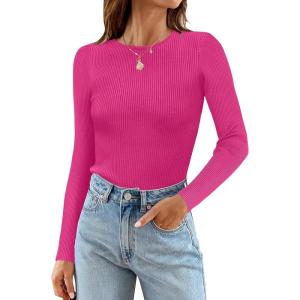 imageZESICA Womens Long Sleeve Crewneck Shirts 2025 Fall Ribbed Knit Sweater Slim Fitted Casual Basic Tee TopsRose