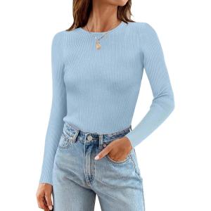 imageZESICA Womens Long Sleeve Crewneck Shirts 2025 Fall Ribbed Knit Sweater Slim Fitted Casual Basic Tee TopsSky
