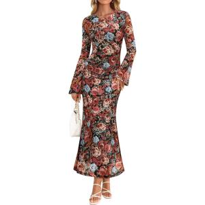 imageZESICA Womens Long Sleeve Floral Bodycon Dress 2025 Fall Fashion Ruched Mesh Wedding Guest Cocktail Party Maxi DressesFloral Black