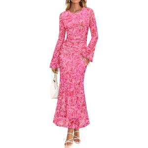 imageZESICA Womens Long Sleeve Floral Bodycon Dress 2025 Fall Fashion Ruched Mesh Wedding Guest Cocktail Party Maxi DressesFloral Rose