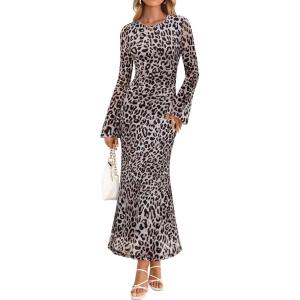 imageZESICA Womens Long Sleeve Floral Bodycon Dress 2025 Fall Fashion Ruched Mesh Wedding Guest Cocktail Party Maxi DressesLeopard
