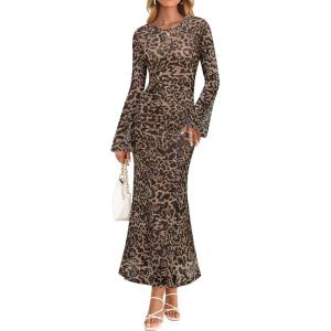 imageZESICA Womens Long Sleeve Floral Bodycon Dress 2025 Fall Fashion Ruched Mesh Wedding Guest Cocktail Party Maxi DressesLeopard Brown
