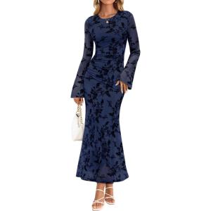 imageZESICA Womens Long Sleeve Floral Bodycon Dress 2025 Fall Fashion Ruched Mesh Wedding Guest Cocktail Party Maxi DressesNavy