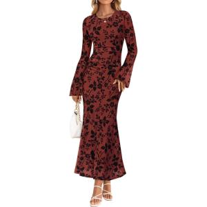 imageZESICA Womens Long Sleeve Floral Bodycon Dress 2025 Fall Fashion Ruched Mesh Wedding Guest Cocktail Party Maxi DressesRust