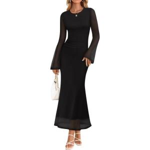 imageZESICA Womens Long Sleeve Floral Bodycon Dress 2025 Fall Fashion Ruched Mesh Wedding Guest Cocktail Party Maxi DressesSolid Black