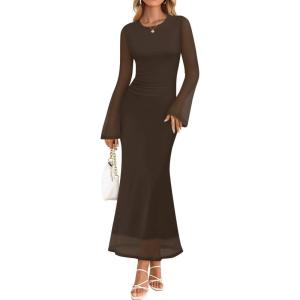 imageZESICA Womens Long Sleeve Floral Bodycon Dress 2025 Fall Fashion Ruched Mesh Wedding Guest Cocktail Party Maxi DressesSolid Coffee