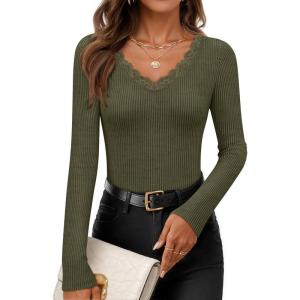 imageZESICA Womens Long Sleeve Lace V Neck Fall Shirts Slim Fit Going Out Tops Ribbed Knit Dressy Business Casual BlousesArmy Green