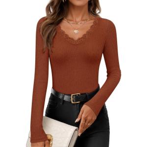 imageZESICA Womens Long Sleeve Lace V Neck Fall Shirts Slim Fit Going Out Tops Ribbed Knit Dressy Business Casual BlousesBurnt Orange