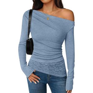 imageZESICA Womens Long Sleeve Off Shoulder Tops Fall 2025 Casual Boat Neck Lace Slim Fit Going Out Y2k Shirts BlousesBlue